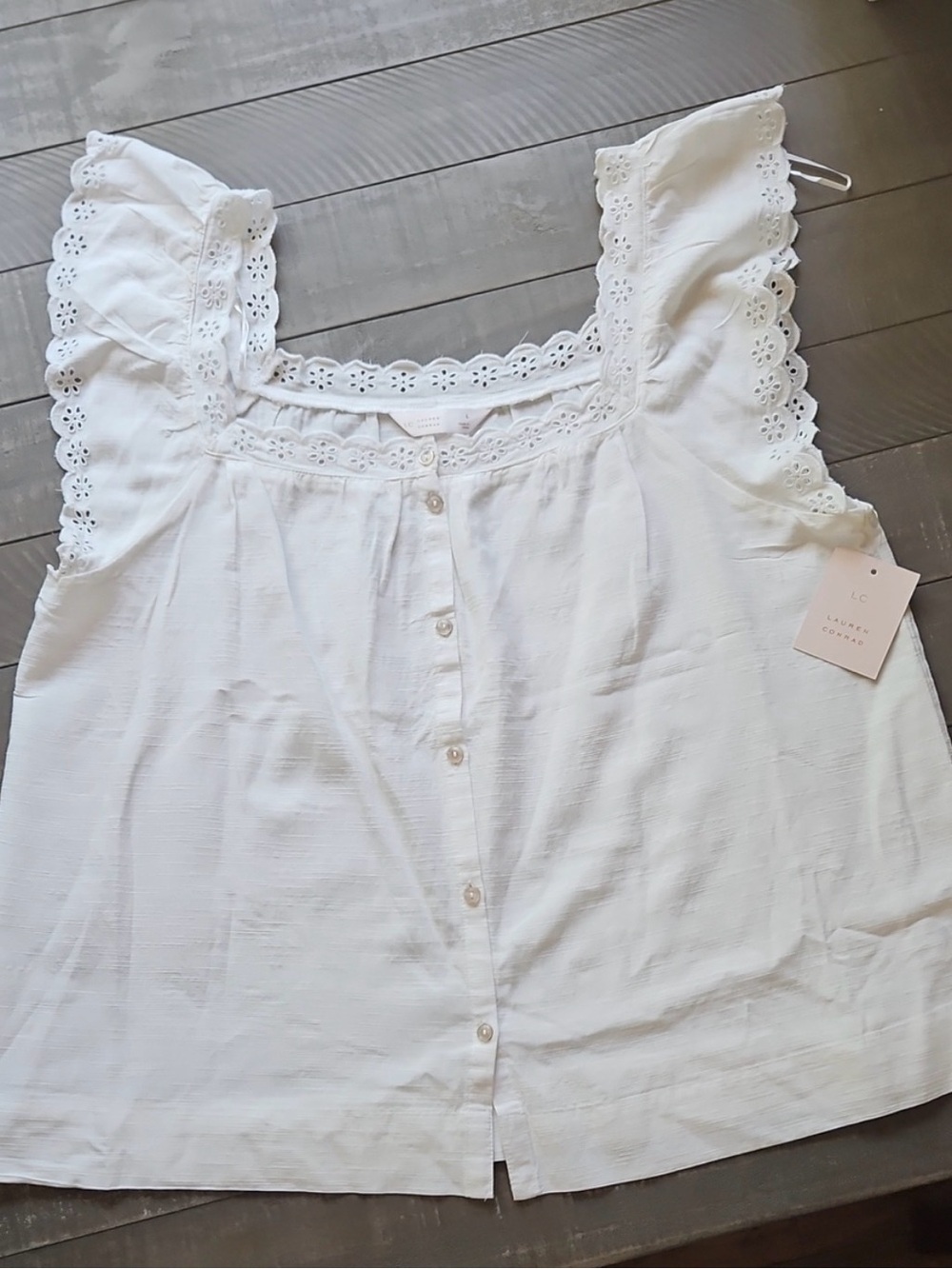 LC Lauren Conrad White Eyelet Flutter Sleeve Button-Front Tank Top